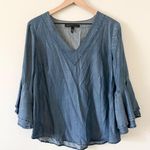 White House | Black Market Chambray V-Neck Blouse with Bell Sleeve in Blue Size 12 Photo 0