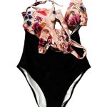 Cupshe 💙SALE 3/$25 NEW ONE PIECE PINK FLORAL BLACK WRAP CUTOUT SWIMSUIT M Photo 0