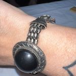 Vintage Silver Tone Large Black Stone with Flower and Rhinestone Embellishments Photo 4