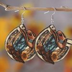 Western style wooden with sunflower shape‎ pattern drop hook earrings Brown Photo 5