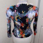 Alberto Makali Vintage Crinkle Zip Up Black & White Zebra Floral Sequin Blouse Photo 4
