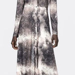 ZARA Snakeskin Long Sleeve V Neck Button Down Midi Dress Stretchy M Beige Brown Photo 0