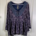 Anthropologie  Akemi + Kin Marcella Blue Damask Paisley Lace Peasant Blouse Large Photo 1