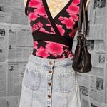 American Vintage Y2K Black Pink Floral Wrap Top Tie Back Women's Small Sleeveless V Neck USA Made Photo 0