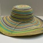 Panama Jack Hat Sun Straw Paper Wide Brim Beach Travel Striped Green Yellow Grey Photo 0