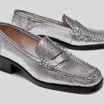 ZARA  Shimmery Silver Leather Square Toe Loafers Photo 0