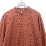 ZARA  Premium Denim Eyelet Top S Coral Pink Cotton Balloon Sleeve Scalloped Photo 4