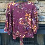 Blu Pepper Anthropologie M  burgundy floral V-Neck Tie Front Blouse new Photo 2