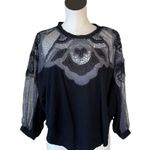 Free People NEW  Toni Blouse  Black Mesh  Lace Trim  Oversized Photo 8