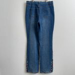 Vintage 90s Reworked Retro Disco Denim Rhinestone High Rise Wide Leg Tall Jeans Blue Size 12 Photo 7