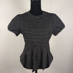 Maeve  Anthropologie Corset Peplum Top Black White Stripe Puff Sleeve Size Small Photo 0