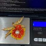 Vintage ORA Signed Orange Plastic Poppy Flower Faux Pearl Brooch & Earrings Set Photo 10