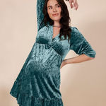 Motherhood Maternity NWT Crushed Velvet Empire Waist Dress Green 3/4 Sleeve SZ M Photo 0