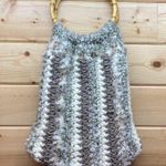 Handmade Crochet Knitting Circle Wooden Handle Purse Tote Brown Photo 3