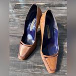 Manolo Blahnik Pumps Beige Camel Brown Leather Purple Stitching Shoes 37 Photo 1