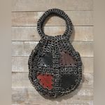 Leather Double big Woven 60s Vintage boho rustic handbag tote Black Photo 11