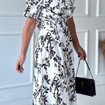 ZARA  ZW COLLECTION BLACK WHITE FLORAL PRINT PUFF SLEEVES MIDI DRESS L Photo 0