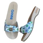 Ganni  Canvas Wooden Clog Slides Sandals - White, Multi, Size 9 Photo 8