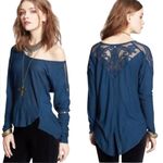 Free People Gatsby Boho Lace Scoop Neck Blue Ribbed Long Sleeve Top Size Medium Photo 1