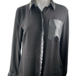 EXPRESS  Black Faux Leather Trim Collar Long Sleeve Button Up Shirt Blouse Top S Photo 0
