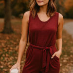 Garnet Hill  burgundy‎ red sleeveless knit jumpsuit size large casual autumn Photo 0