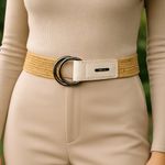 Michael Kors Tan Woven Straw Style Stretch Belt Leather Trim Ring Buckle Resort Size M Photo 1