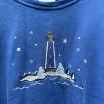 Bon Worth Blue Crewneck Sweater with Lighthouse and Penguin Embroidery Size L Photo 1