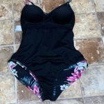 Kona Sol  Black With Pink Tropical Floral Print Lace Up Back One piece Swimsuit M Photo 6