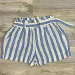Love Tree  Blue White Stripe Linen Blend Shorts Elastic High Waist Pull On Size M Photo 0