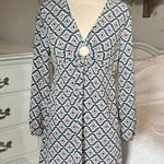 As You Wish As U Wish Long Sleeve O Ring Dress Silky Blue Navy Mauve Print Womens Small New Photo 2