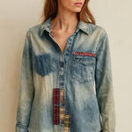 White Crow Blue Patchwork Denim Button Down Shirt M American Flag Western Detail Photo 0