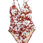 Cupshe Floral One Piece Swimsuit Womens XL O-Ring Back Tie Straps V Neck Red NEW Photo 0