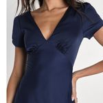 Lulus NWOT Epitome Of Romance Navy Blue Satin V-Neck Puff Sleeve Maxi Dress XXS Photo 3