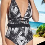 Nicole Miller  Black and White Leaf Print Swimsuit Size 6 Photo 0