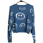 Debut Blue White Smiley Long Sleeve Crew Neck Cropped Knt Sweater Women Sz M Photo 0