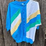 Vint. 80s Cortiva Color Block Blue Yellow Green White Batwing Windbreaker Blouse Size L Photo 0