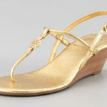 Tory Burch Women’s Emmy Demi Wedge Gold Thong Sandals Metallic Leather 1138206 Photo 0