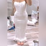 AQUA Faux Feather Trim Midi Cocktail And Party Dress In White Bridal Vibe dress Photo 1