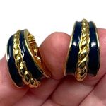 Monet Vintage Signed Navy Blue Enamel Gold Tone Clip On Earrings Classic Chic Photo 1