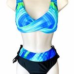 NWOT ~ 2 Piece Blue & Black Watercolors Bikini Lace Up Swimsuit ~ Women's Size 8 Photo 0