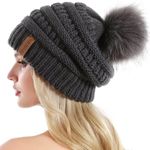  Women Knit Slouchy Beanie Chunky Baggy Hat with Faux Fur Pompom Winter Soft Warm Ski Cap Photo 1
