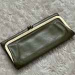 Hobo International HOBO Green Rachel Leather Frame Wallet Yellow Floral Lining Gold Kisslock Clutch Photo 0