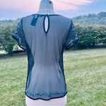 White House | Black Market Black Mesh and Blue Floral Embroidered Short Sleeve Top Photo 10