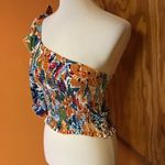 Boho Colorful One Shoulder Ruffle Sleeve Smocked Crop Top Size M Photo 6