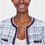 ZARA Textured Tweed Blazer Size Small White, Red, Blue Collarless Open Front Photo 2