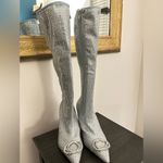 Azalea Wang Confection Crystallized Denim Bow Tall Boots Sparkling Rhinestone Silver Size 9 Photo 3