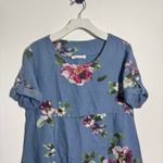 Vasna Shirt Dress Women S Blue Pink Floral Linen Boxy Lagenlook Pocket Roll Tab Photo 3