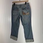 Y2K Squeeze Capri Jeans Patchwork Lace Trim Low Rise Cuffed Hem Size 7 McBling Blue Photo 2