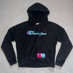 Champion Women  Reverse Weave Hoodie Black Pink Blue Chenille Embossed Logo Sz Sm Photo 0