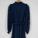 Moon River Navy Polka Dot Midi Dress Small Sheer Long Sleeve Ruffle Tie Belt Photo 7